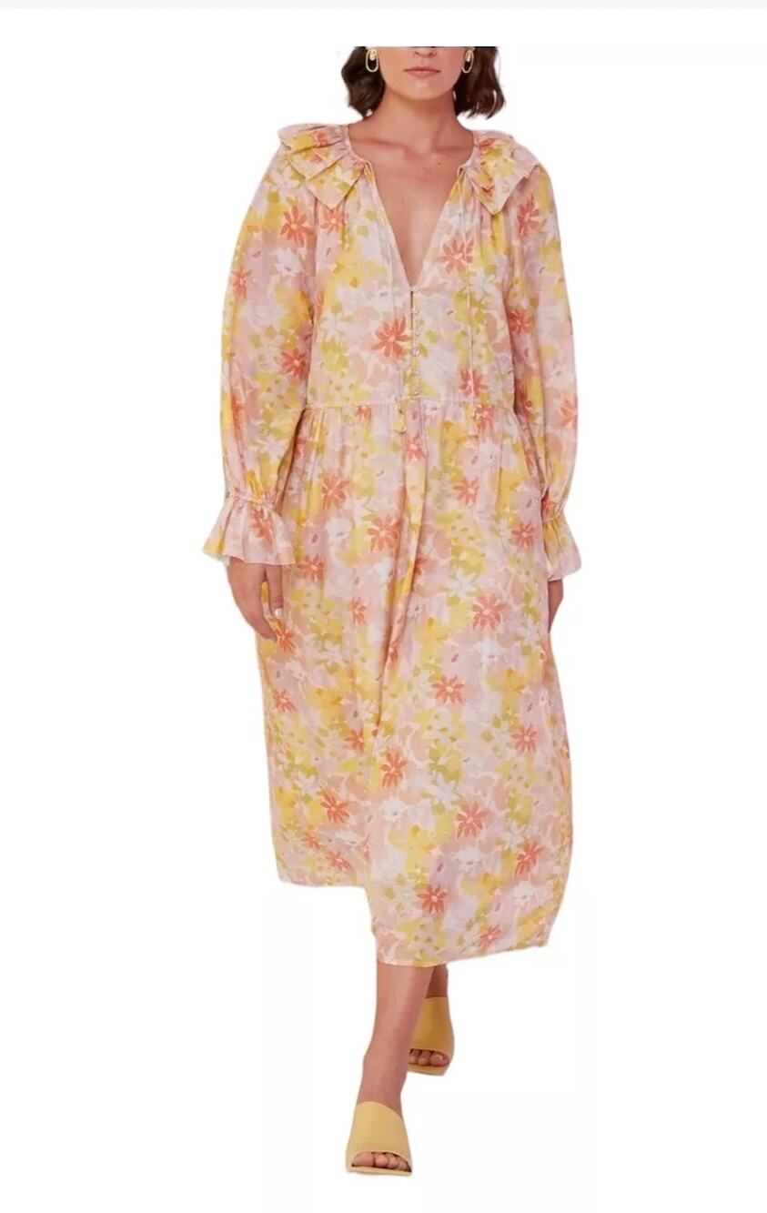 Magali Pascal Elainne Floral Bloom Long Sleeve V-Neck Silk Midi Dress Sz S
